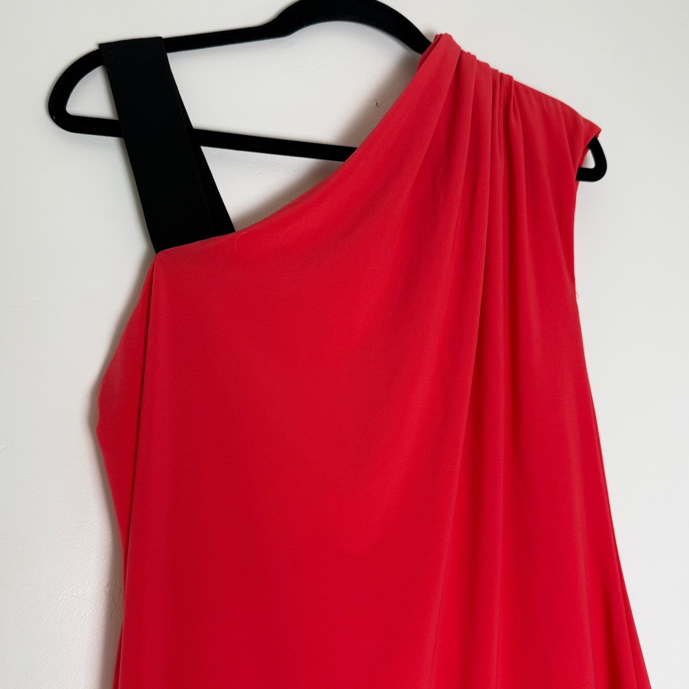 Essentials by ABS Red One Shoulder Draped Cocktail Mini Dress Black Strap Y2K S